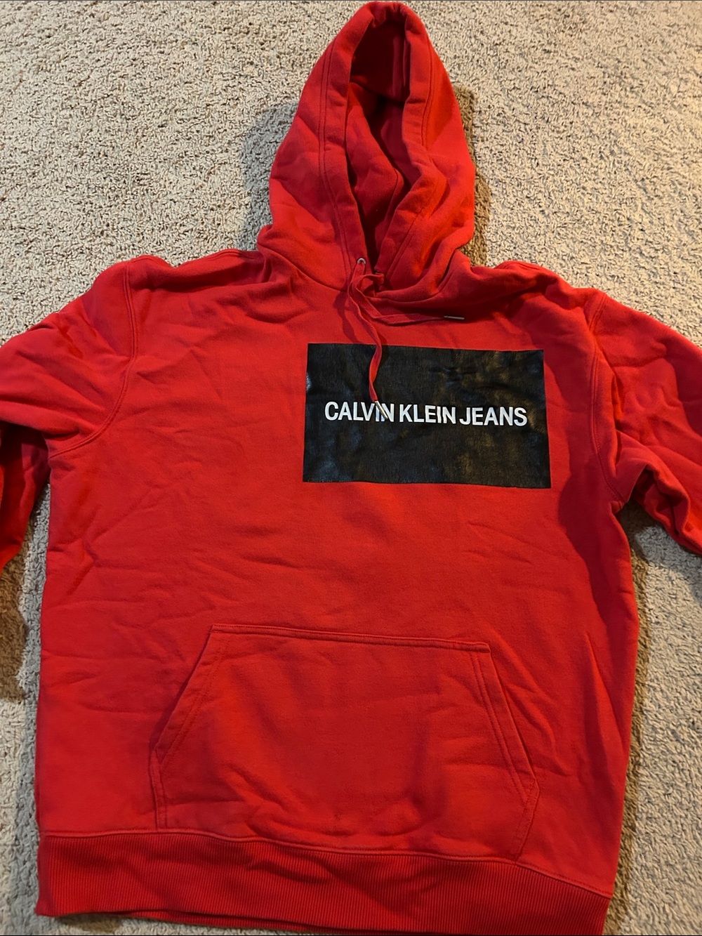 Calvin Klein Jeans Red Pullover Hoodie with Black Logo Panel